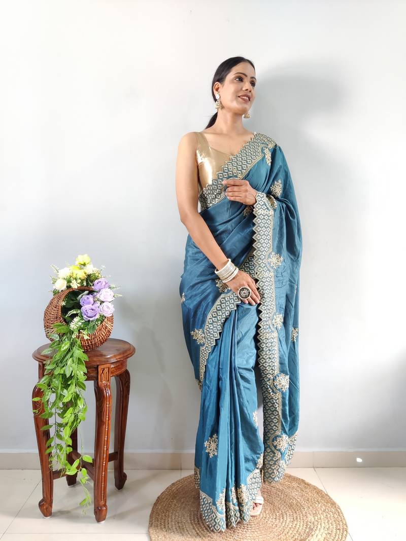 Light Blue faux georgette embroidered pre stitched saree