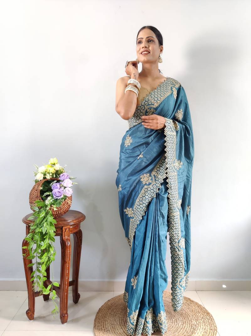 Light Blue faux georgette embroidered pre stitched saree