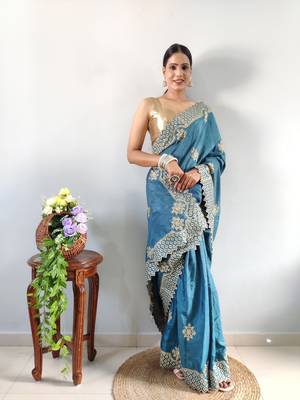 light blue faux georgette embroidered pre stitched saree 6