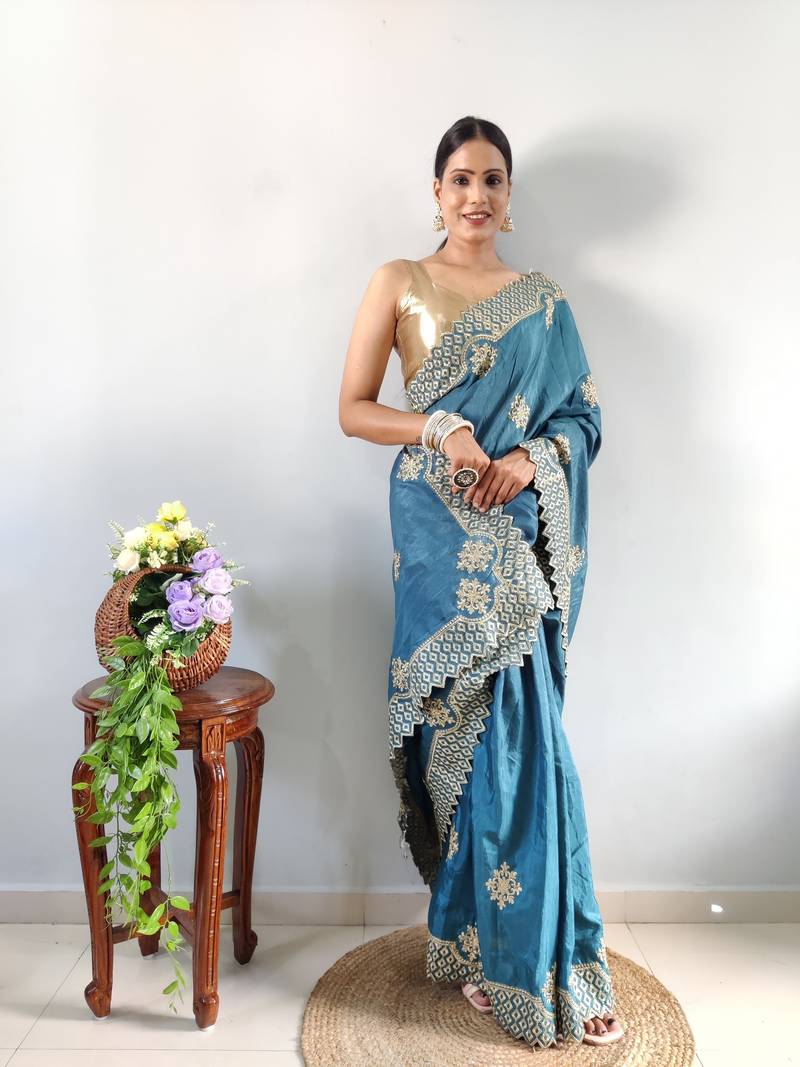 Light Blue faux georgette embroidered pre stitched saree