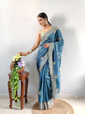 light blue faux georgette embroidered pre stitched saree 7