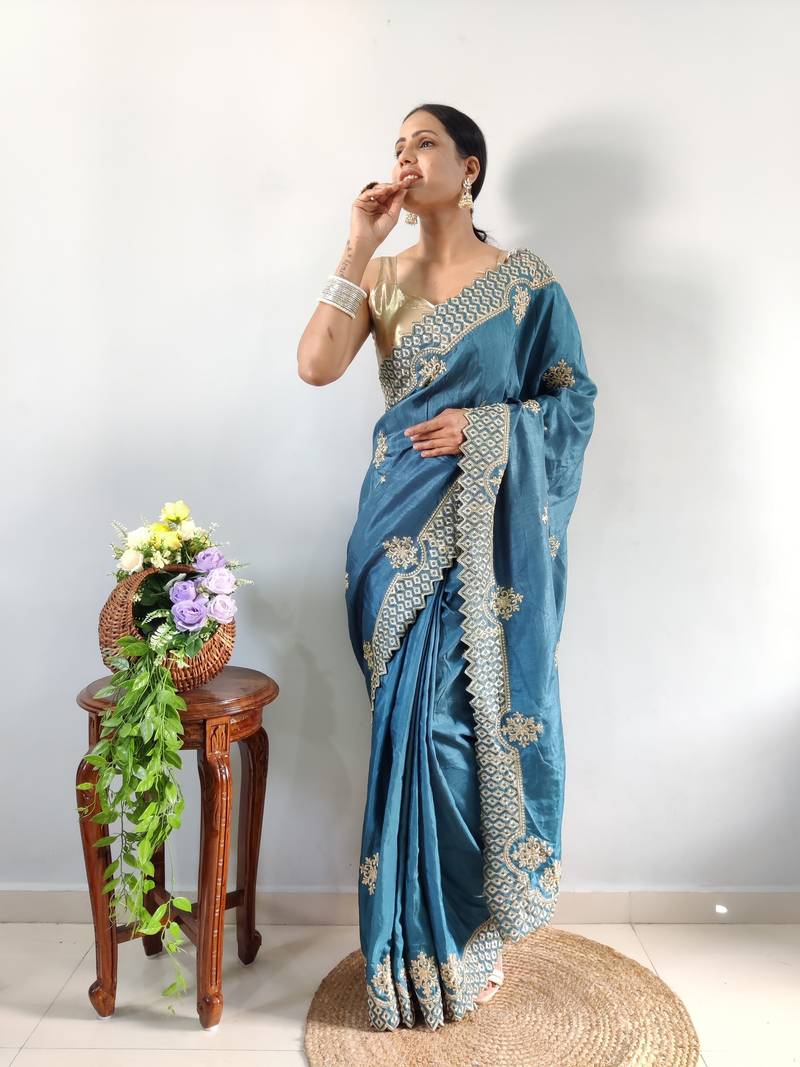 Light Blue faux georgette embroidered pre stitched saree