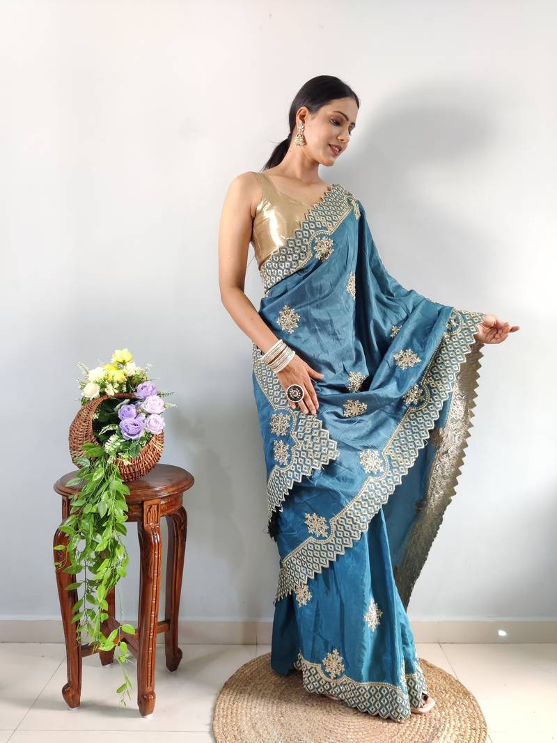 Light Blue faux georgette embroidered pre stitched saree