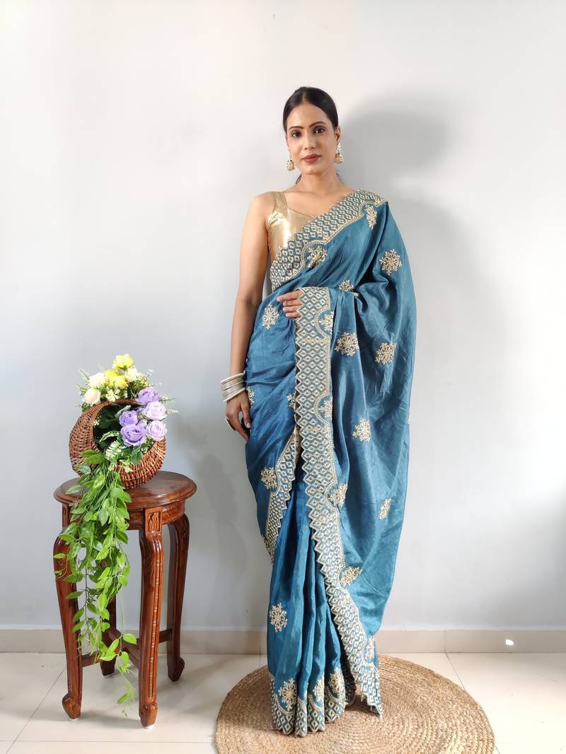 Light Blue faux georgette embroidered pre stitched saree