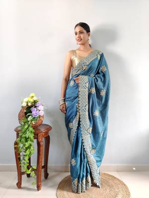 light blue faux georgette embroidered pre stitched saree 11