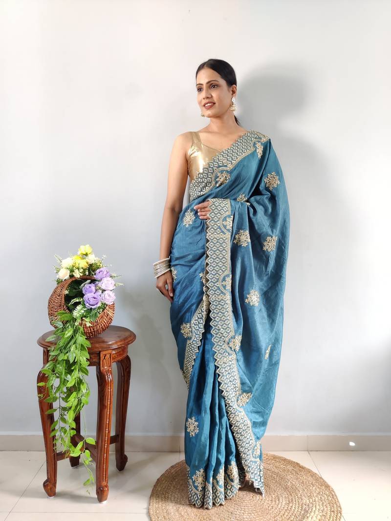 Light Blue faux georgette embroidered pre stitched saree