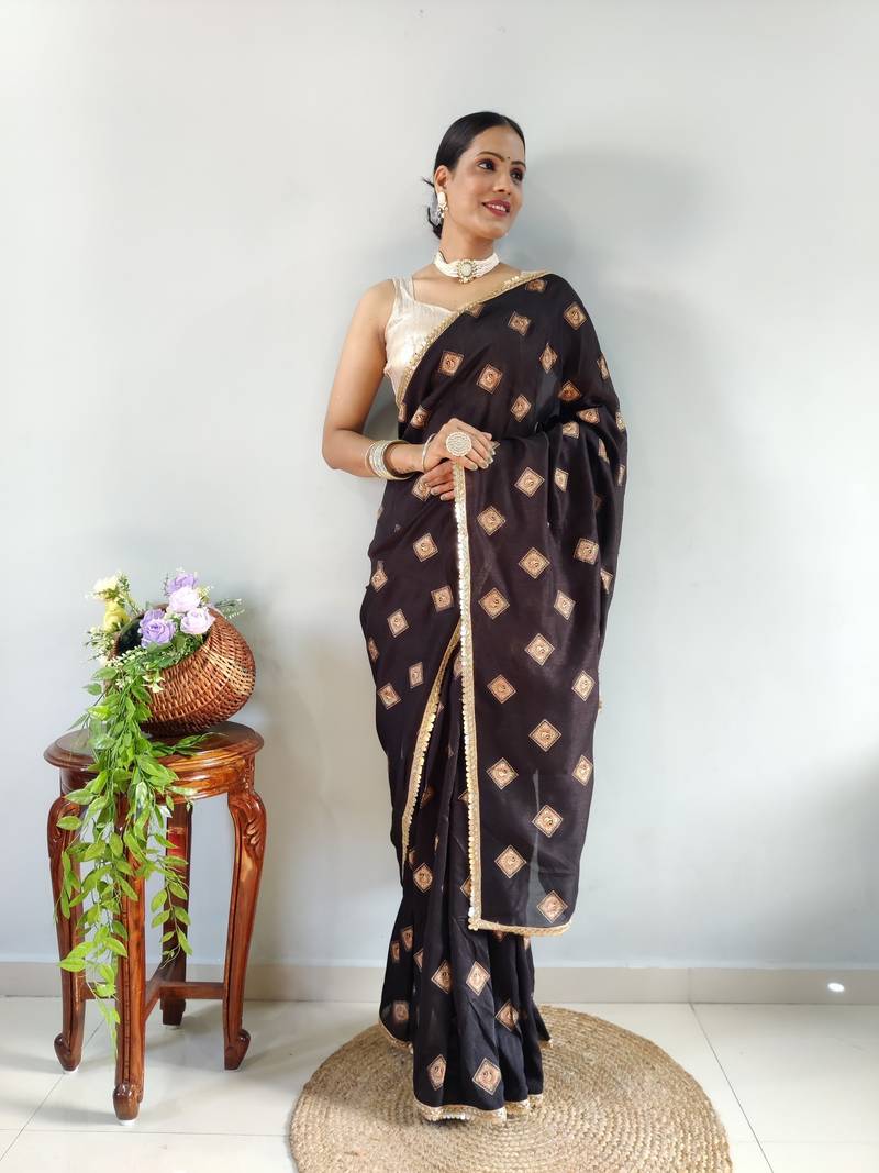 Black Faux Georgette Embroidered Pre Stitched Saree
