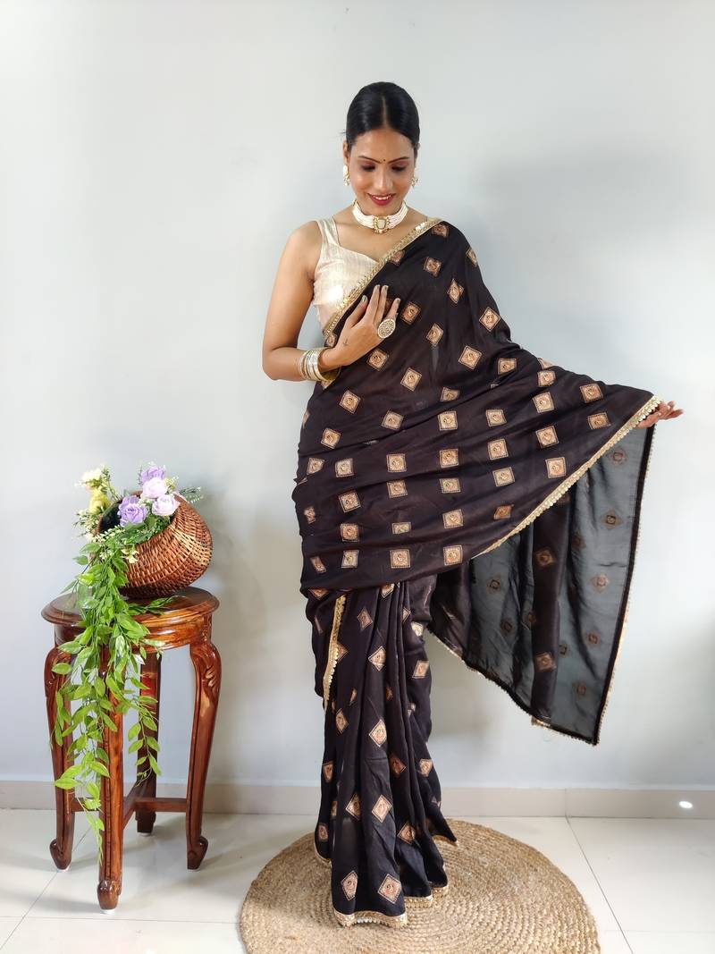 Black Faux Georgette Embroidered Pre Stitched Saree