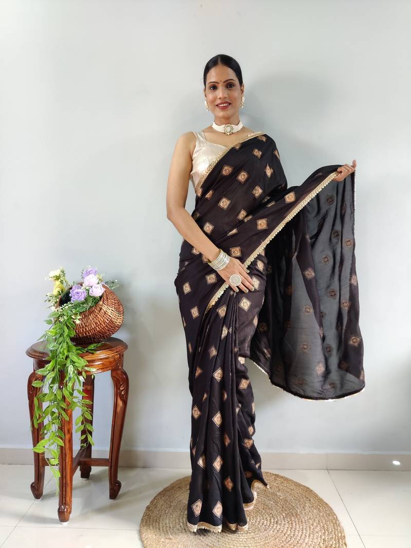 Black Faux Georgette Embroidered Pre Stitched Saree