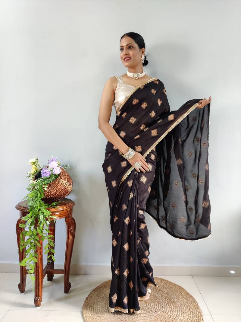 Black Faux Georgette Embroidered Pre Stitched Saree