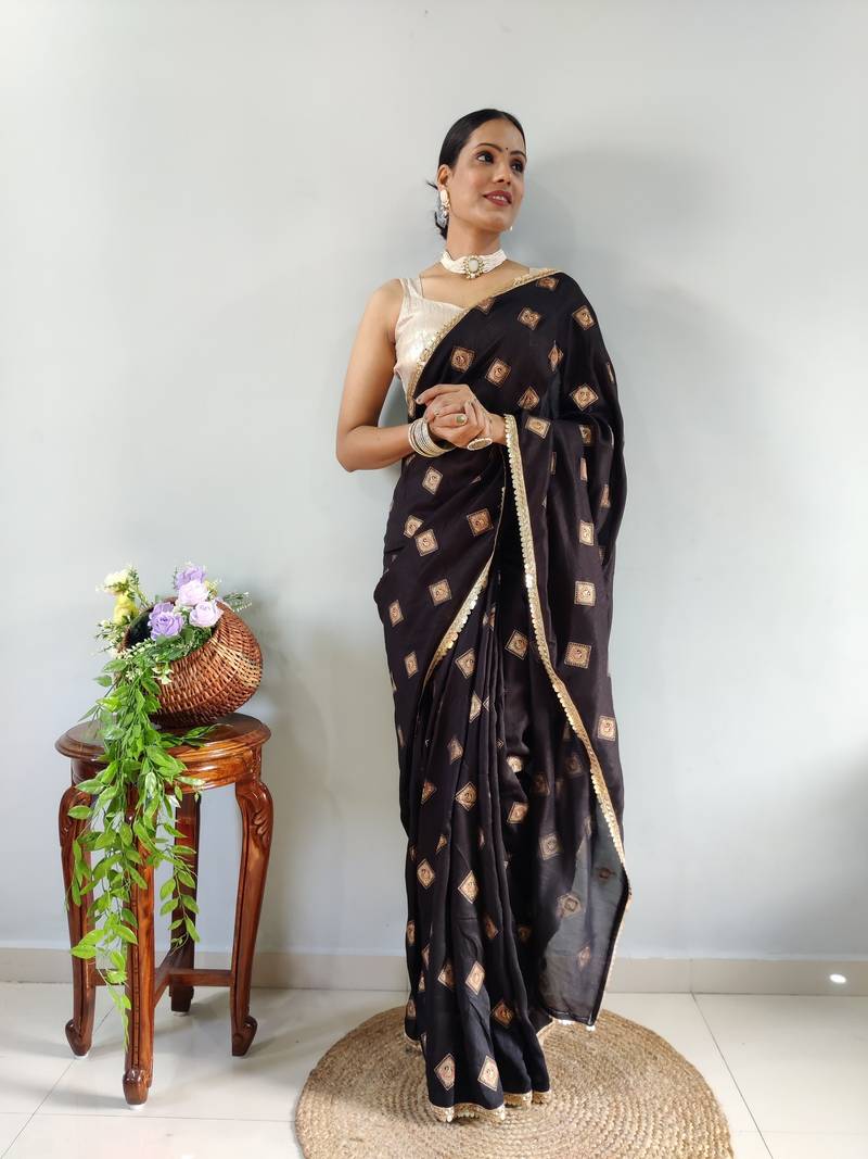 Black Faux Georgette Embroidered Pre Stitched Saree
