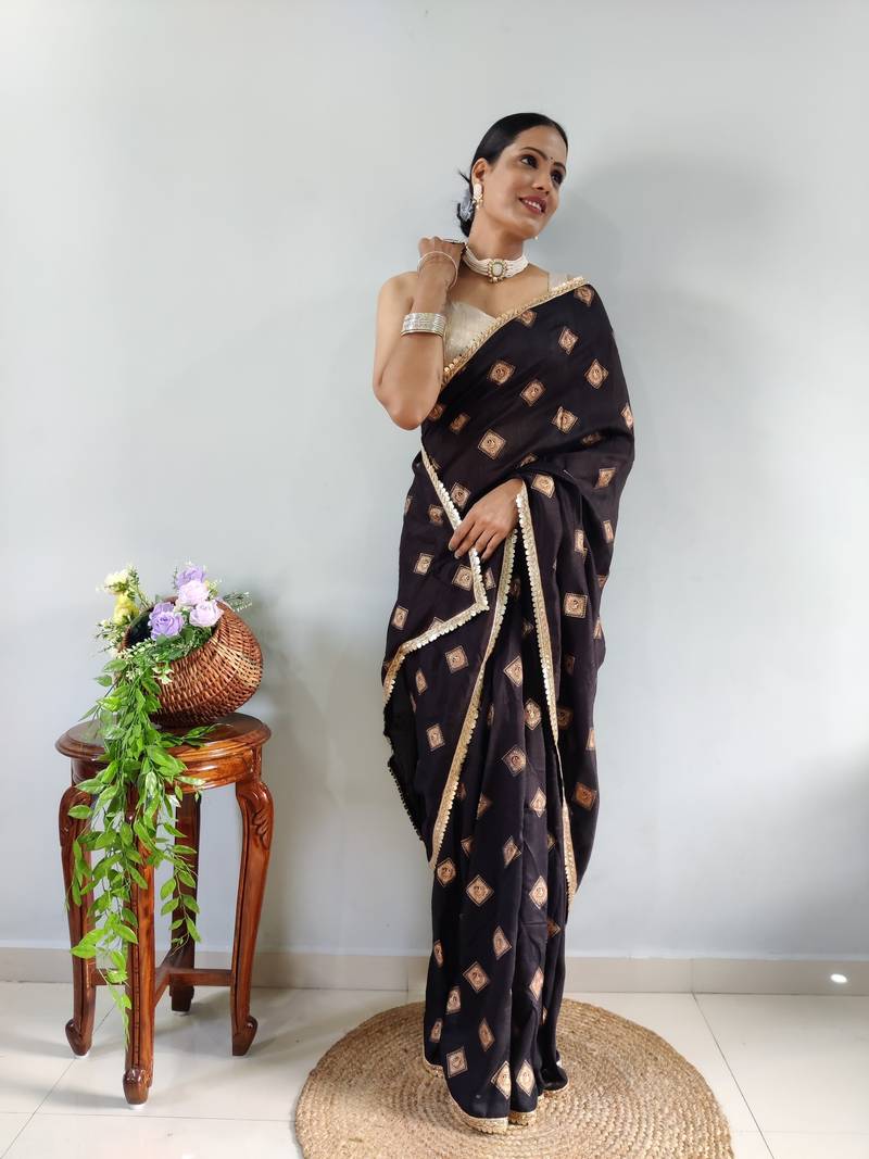 Black Faux Georgette Embroidered Pre Stitched Saree