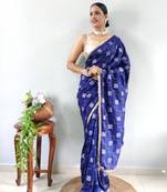 Blue Faux Georgette Embroidered Pre Stitched Saree