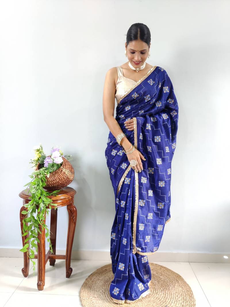 Blue Faux Georgette Embroidered Pre Stitched Saree