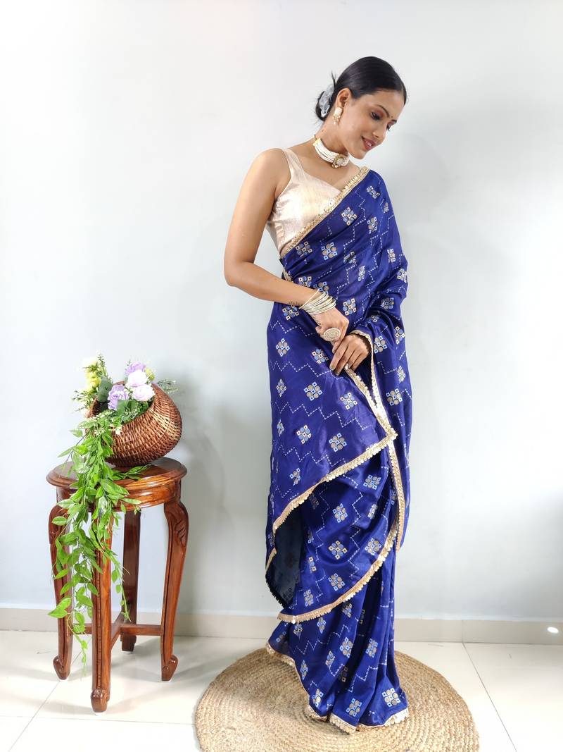 Blue Faux Georgette Embroidered Pre Stitched Saree