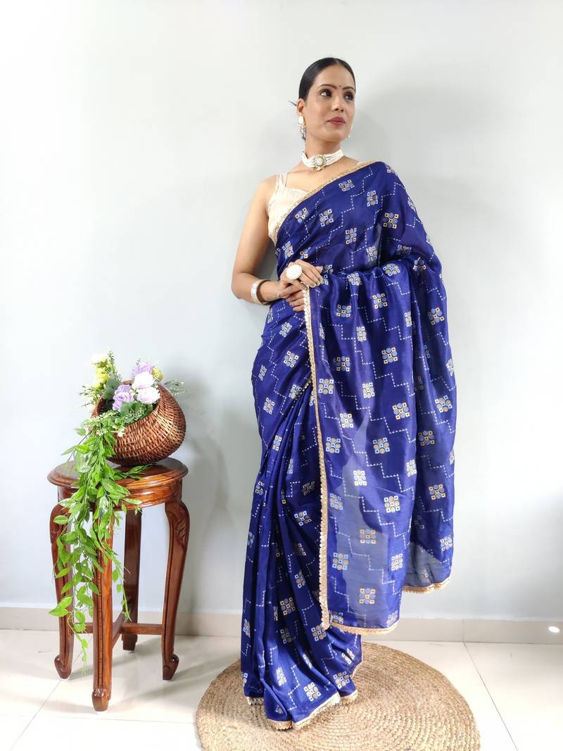 Blue Faux Georgette Embroidered Pre Stitched Saree