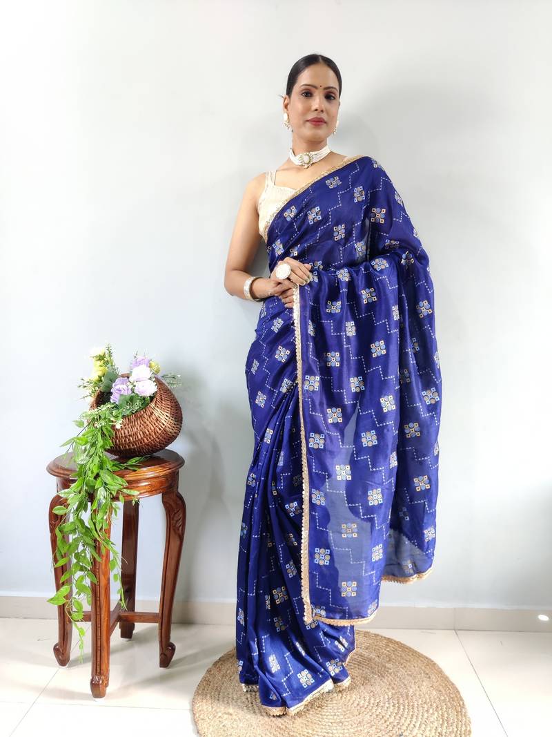 Blue Faux Georgette Embroidered Pre Stitched Saree