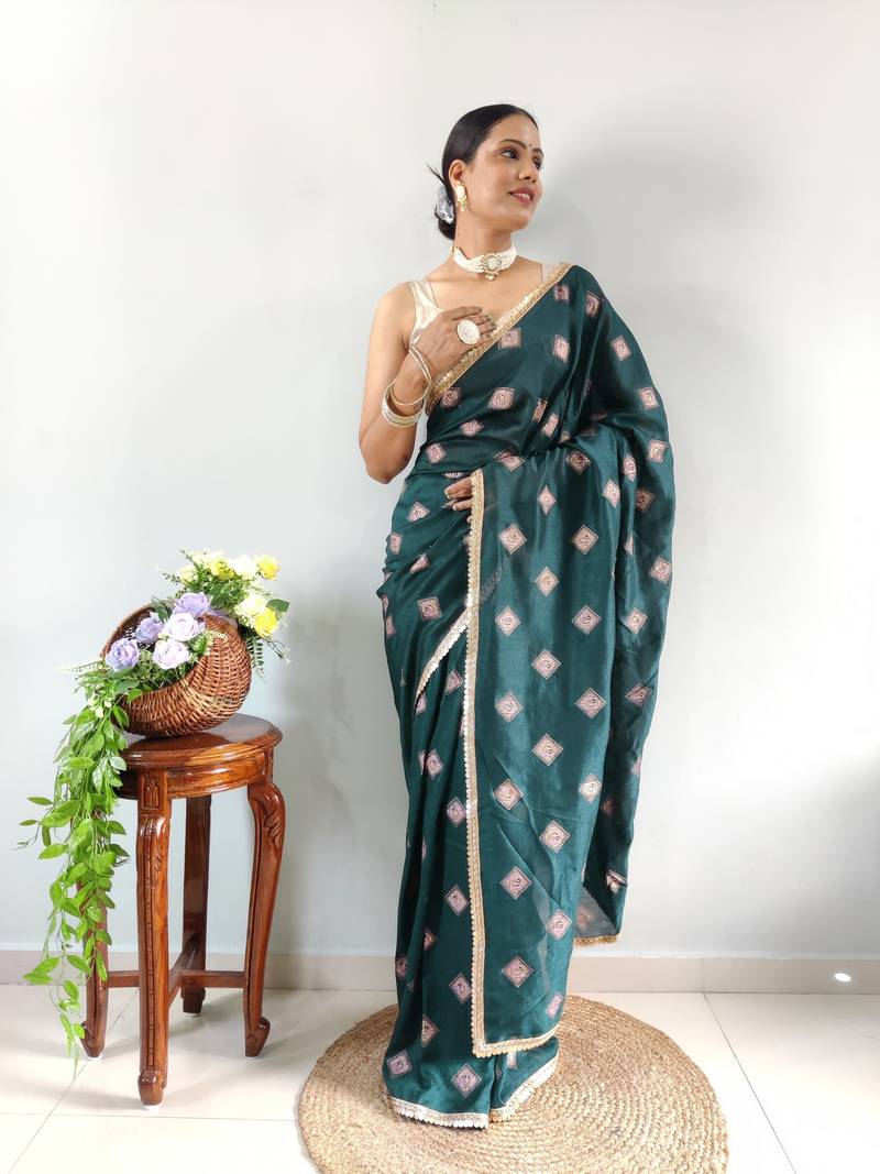 Green Faux Georgette Embroidered Pre Stitched Saree