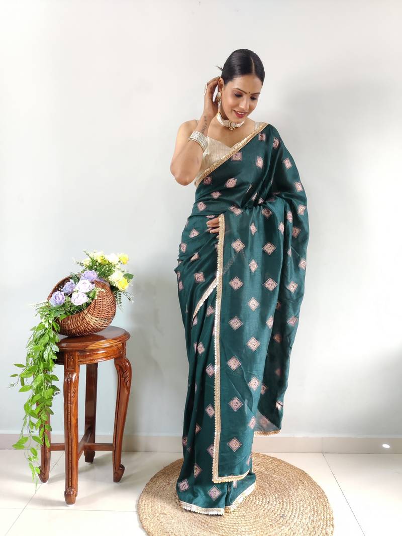 Green Faux Georgette Embroidered Pre Stitched Saree