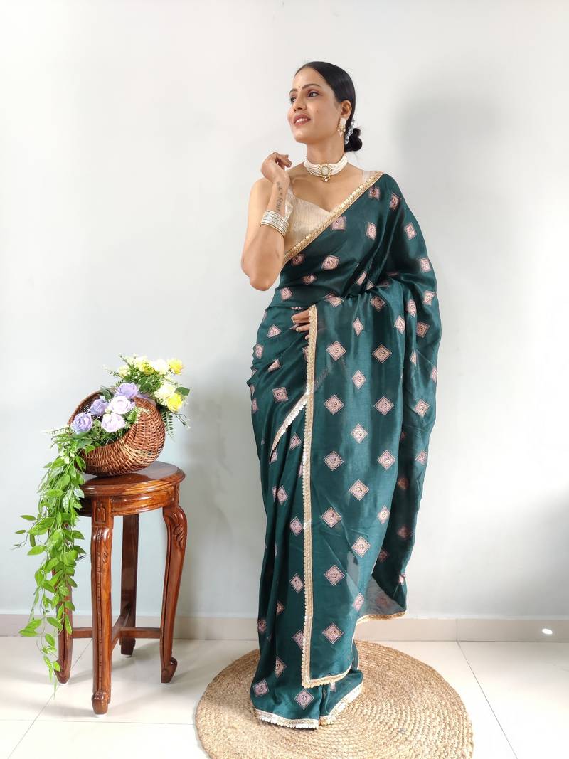 Green Faux Georgette Embroidered Pre Stitched Saree
