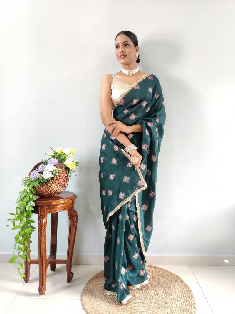 Green Faux Georgette Embroidered Pre Stitched Saree