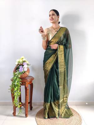 green faux georgette embroidered pre stitched saree 1