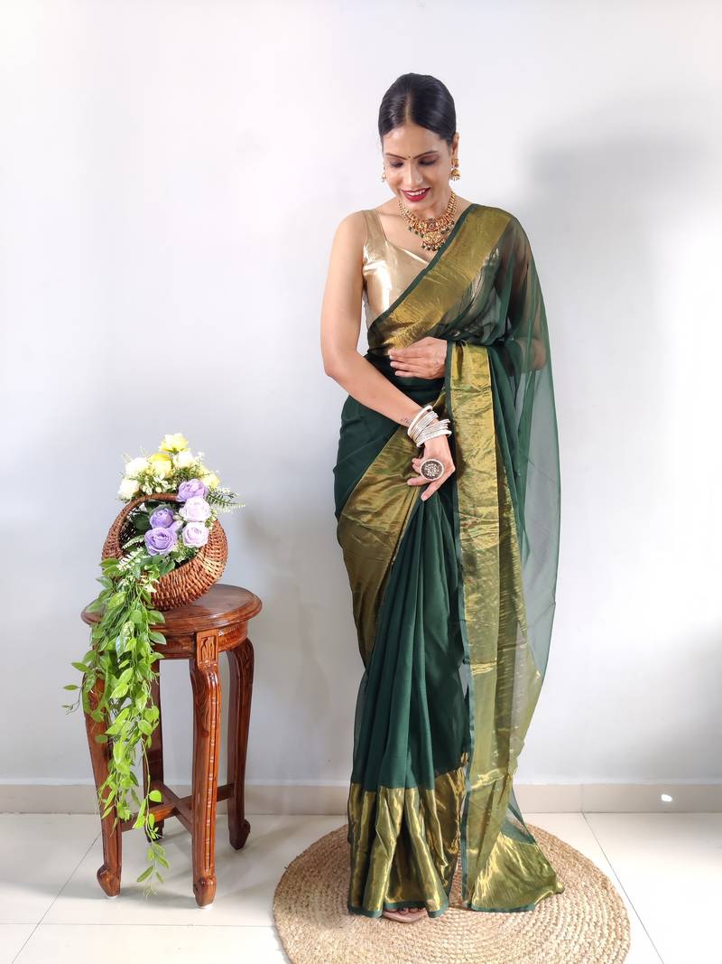 green faux georgette embroidered pre stitched saree