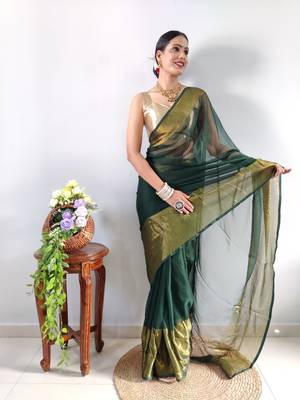 green faux georgette embroidered pre stitched saree 4