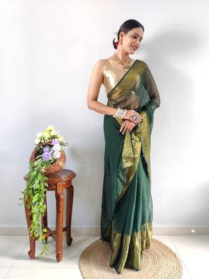 green faux georgette embroidered pre stitched saree 5