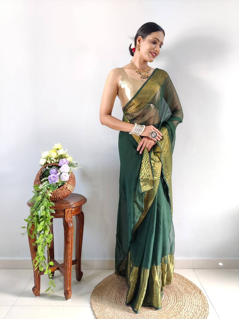 green faux georgette embroidered pre stitched saree
