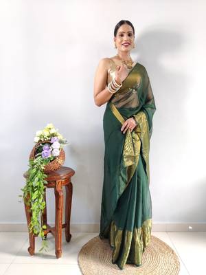 green faux georgette embroidered pre stitched saree 6