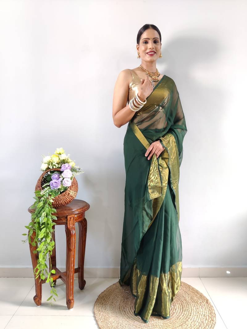 green faux georgette embroidered pre stitched saree