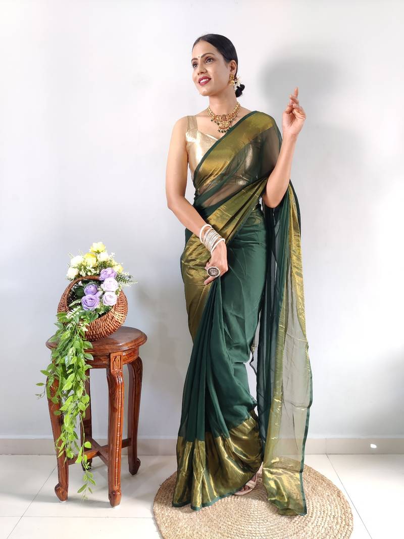 green faux georgette embroidered pre stitched saree