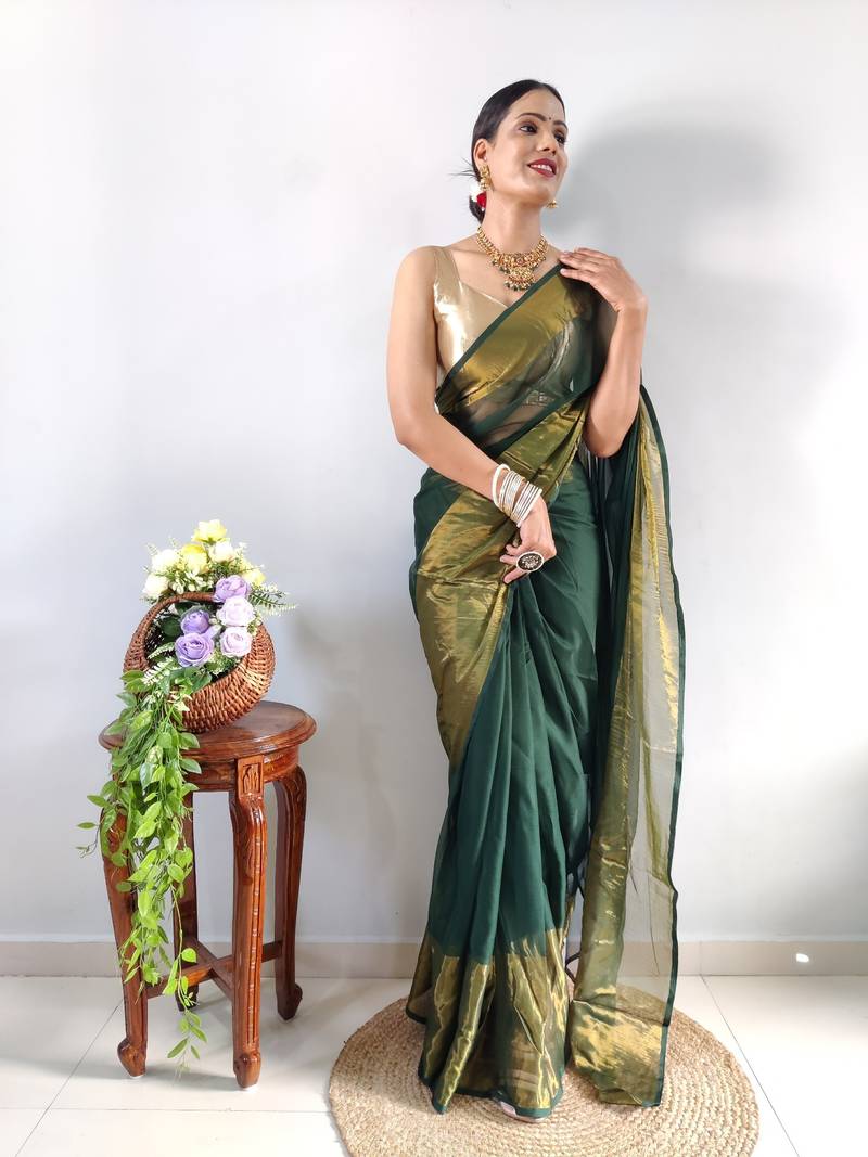 green faux georgette embroidered pre stitched saree