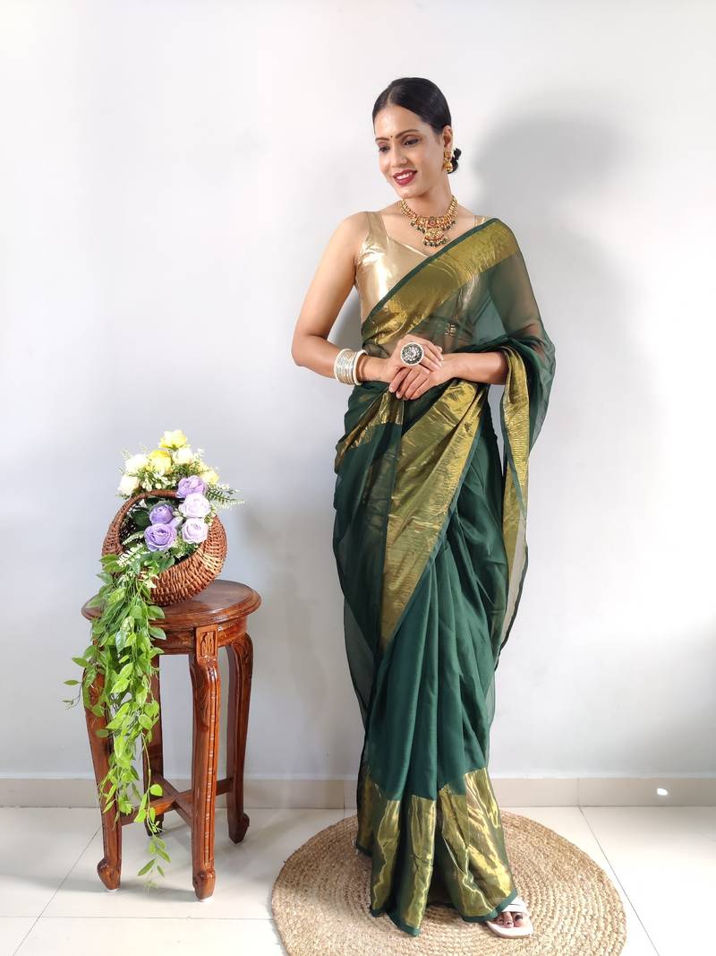 green faux georgette embroidered pre stitched saree