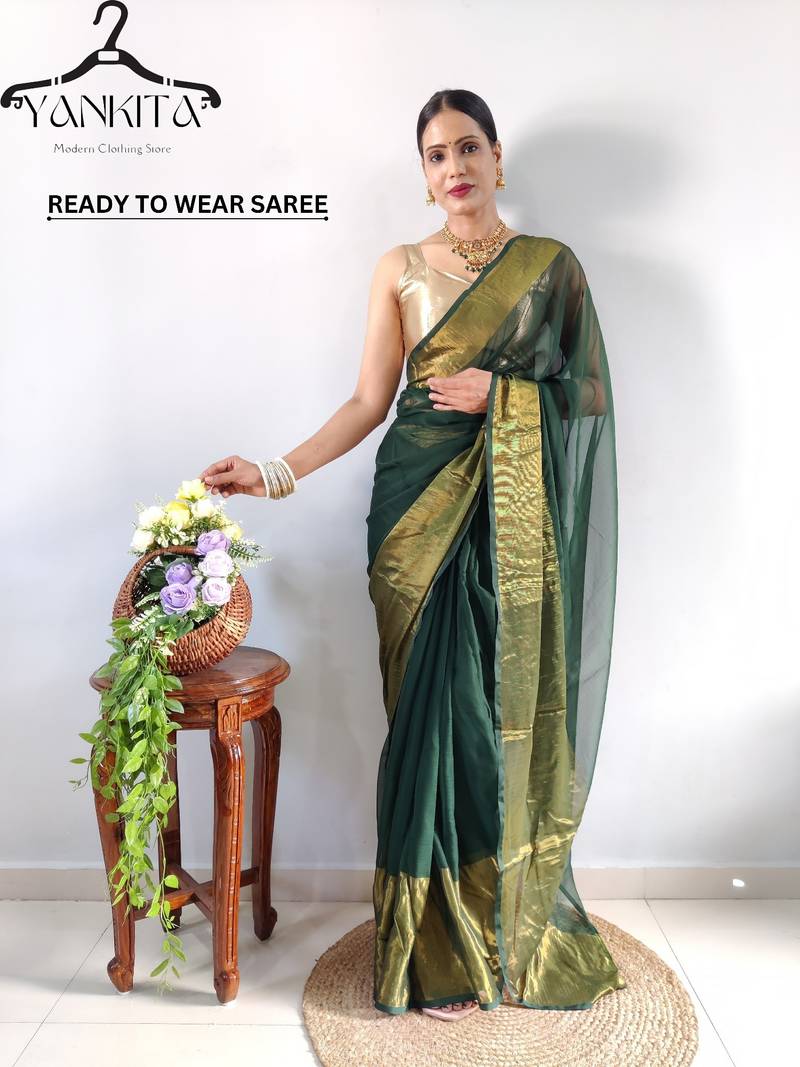 green faux georgette embroidered pre stitched saree