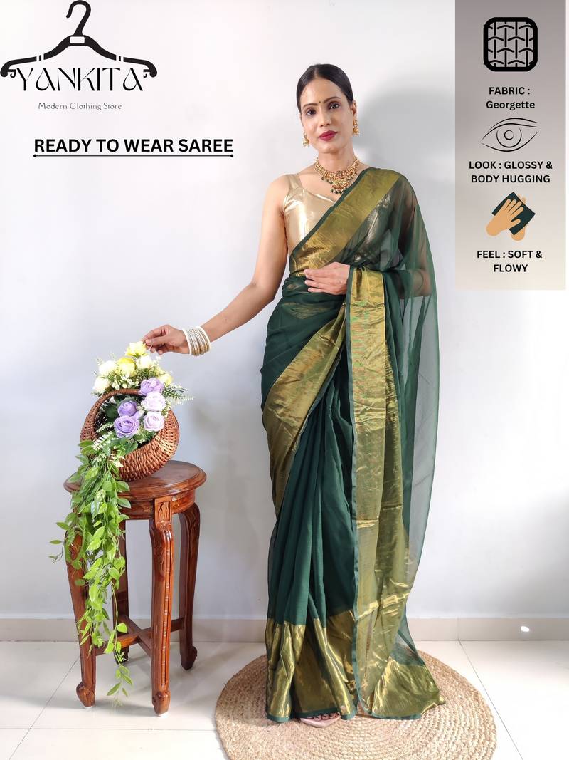 green faux georgette embroidered pre stitched saree