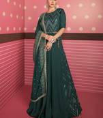 Deep green double layer silk satin mirror work gown with booti embroidery dupatta