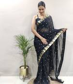 ready to wear black faux georgette embroidered saree