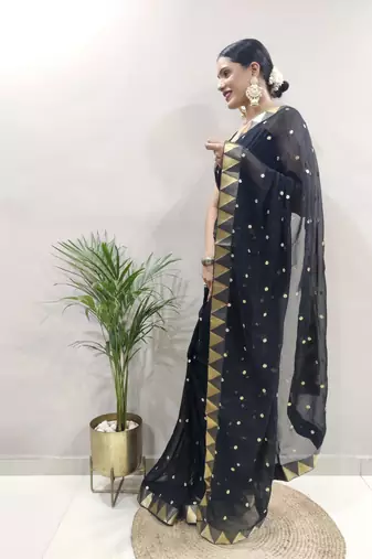 pre-stitched black faux georgette embroidered saree