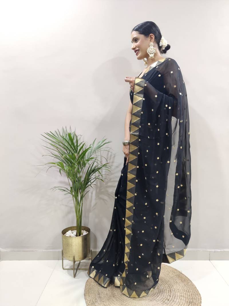 ready to wear black faux georgette embroidered saree