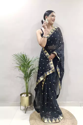 pre-stitched black faux georgette embroidered saree