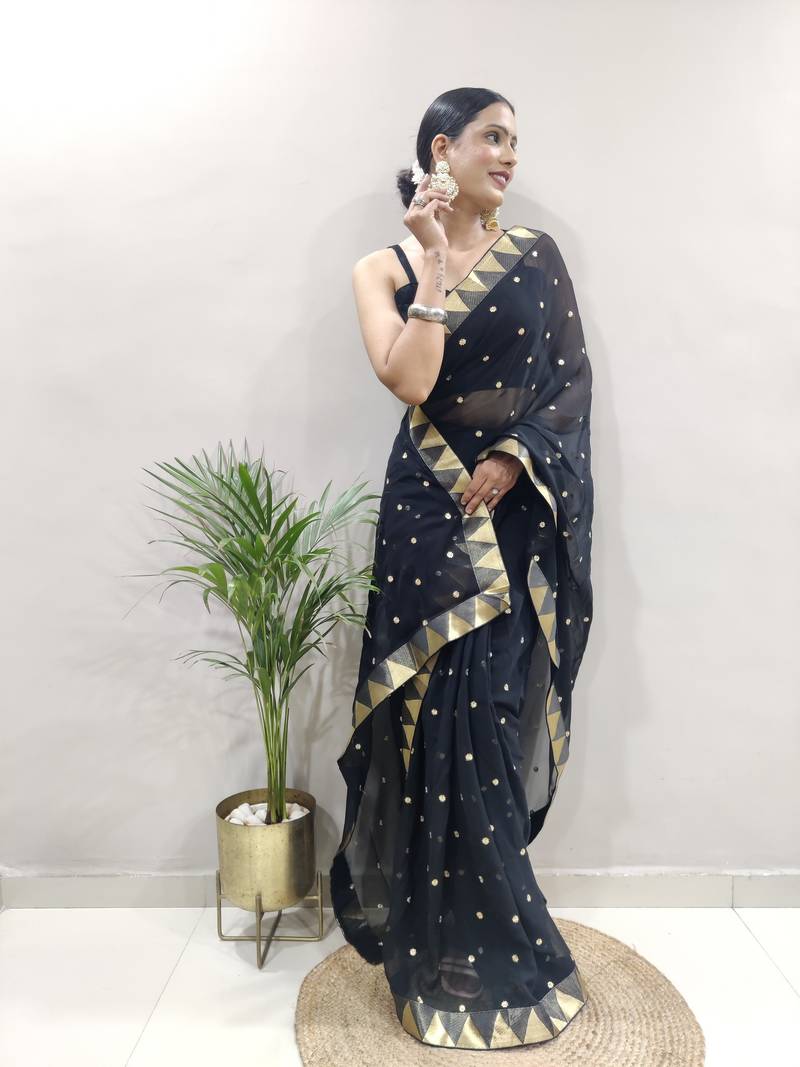 ready to wear black faux georgette embroidered saree