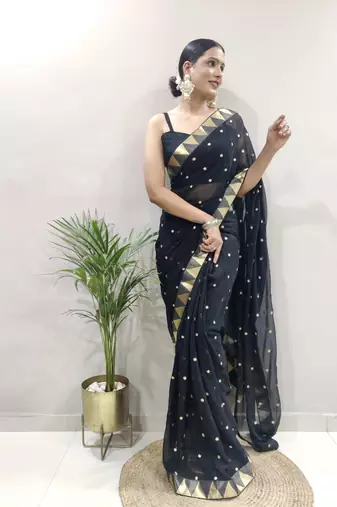 pre-stitched black faux georgette embroidered saree