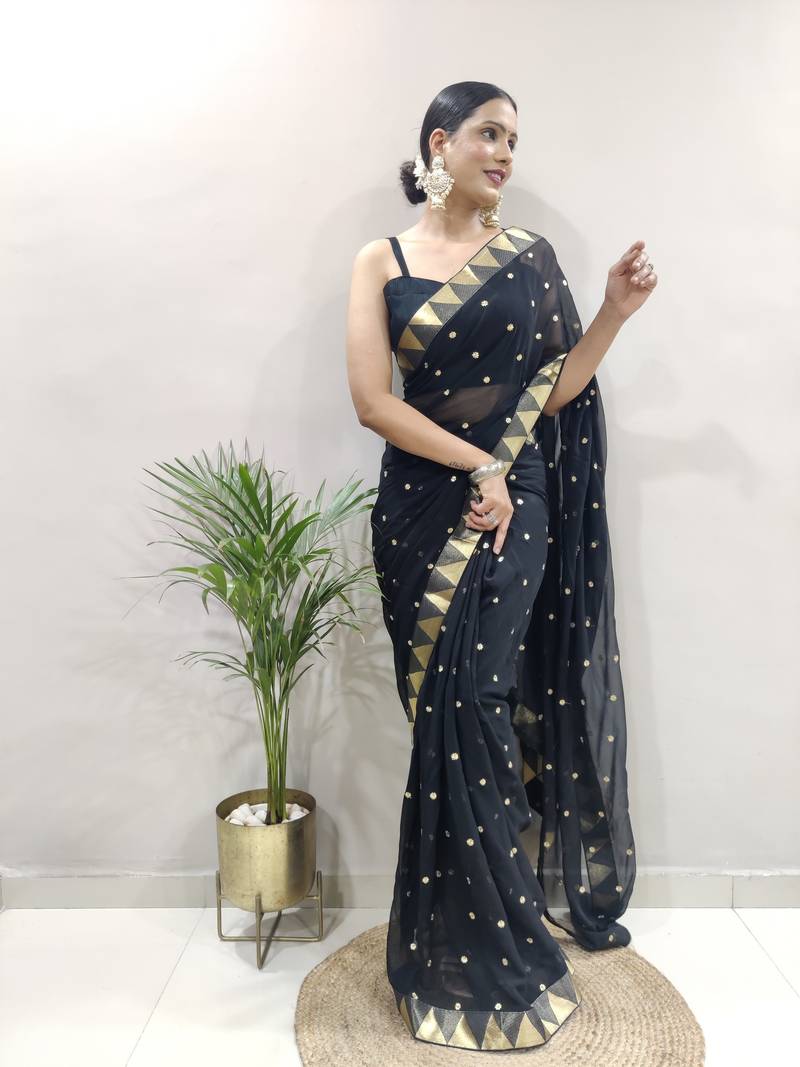 ready to wear black faux georgette embroidered saree