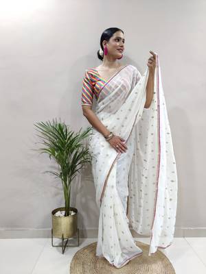 white faux georgette embroidered pre-stitched ready to wear saree 1