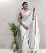 White Faux Georgette Embroidered Pre-Stitched Ready To Wear Saree