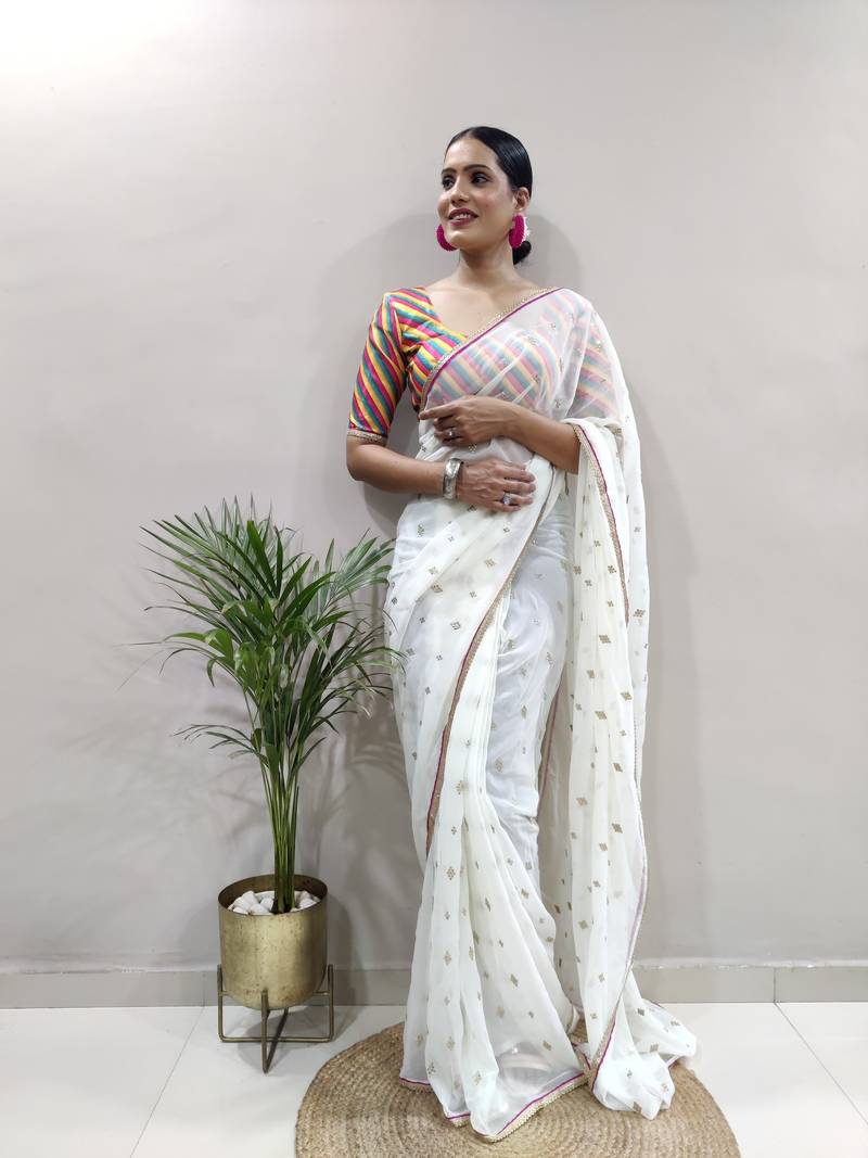 White Faux Georgette Embroidered Pre-Stitched Ready To Wear Saree