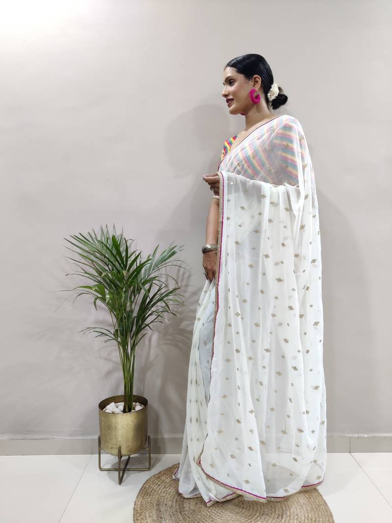 White Faux Georgette Embroidered Pre-Stitched Ready To Wear Saree