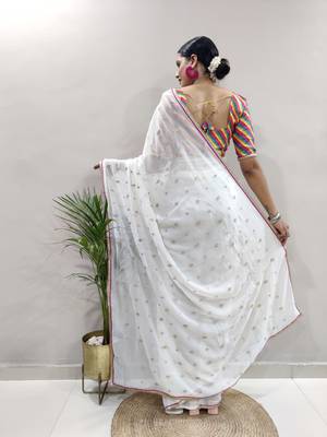 white faux georgette embroidered pre-stitched ready to wear saree 4